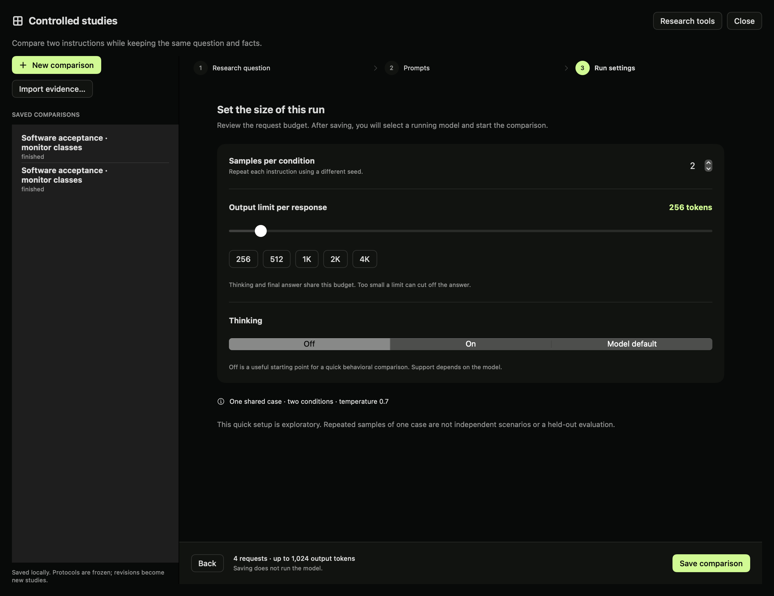 Run settings with token presets and thinking controls