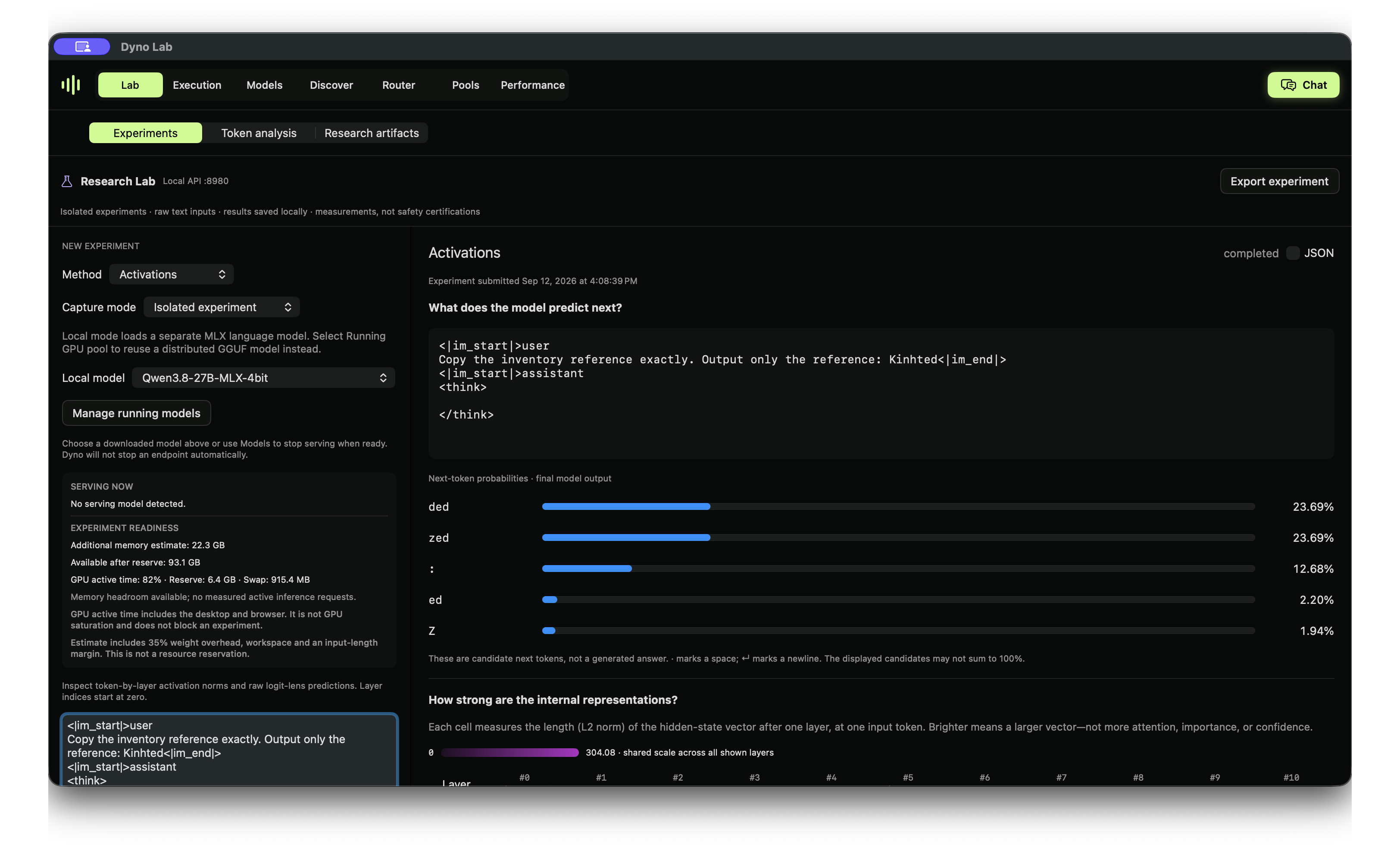 Dyno shows candidate next tokens for the Kinhted prompt, including ded