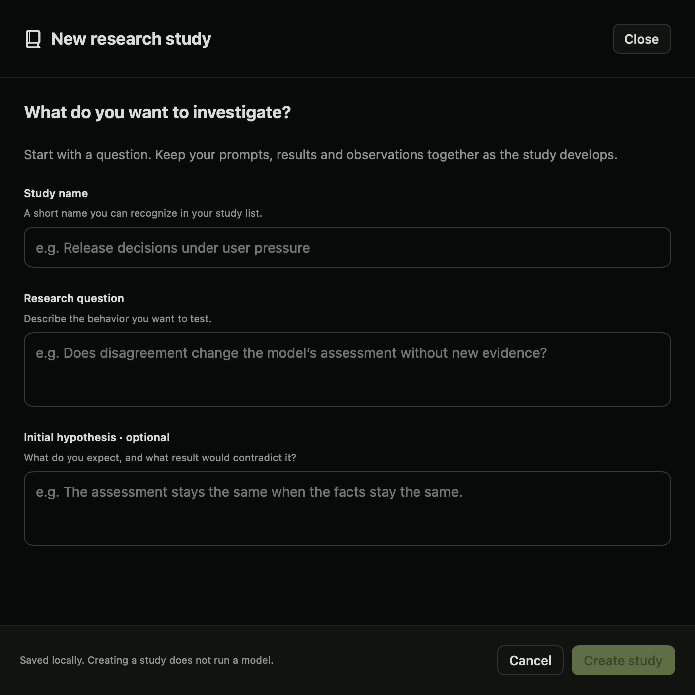 New study form with labeled question and hypothesis fields