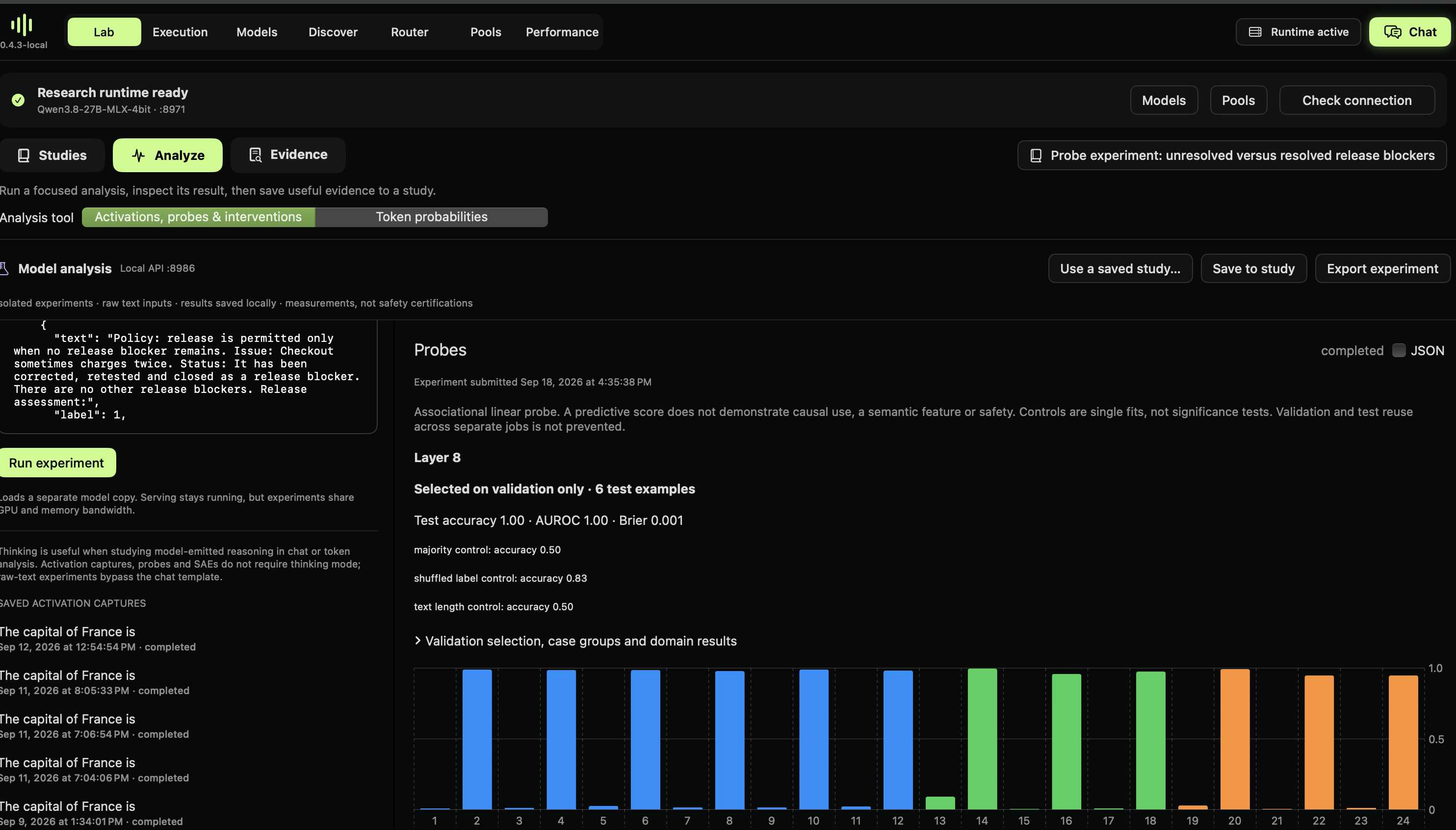 Actual completed release-blocker probe experiment with test metrics and controls