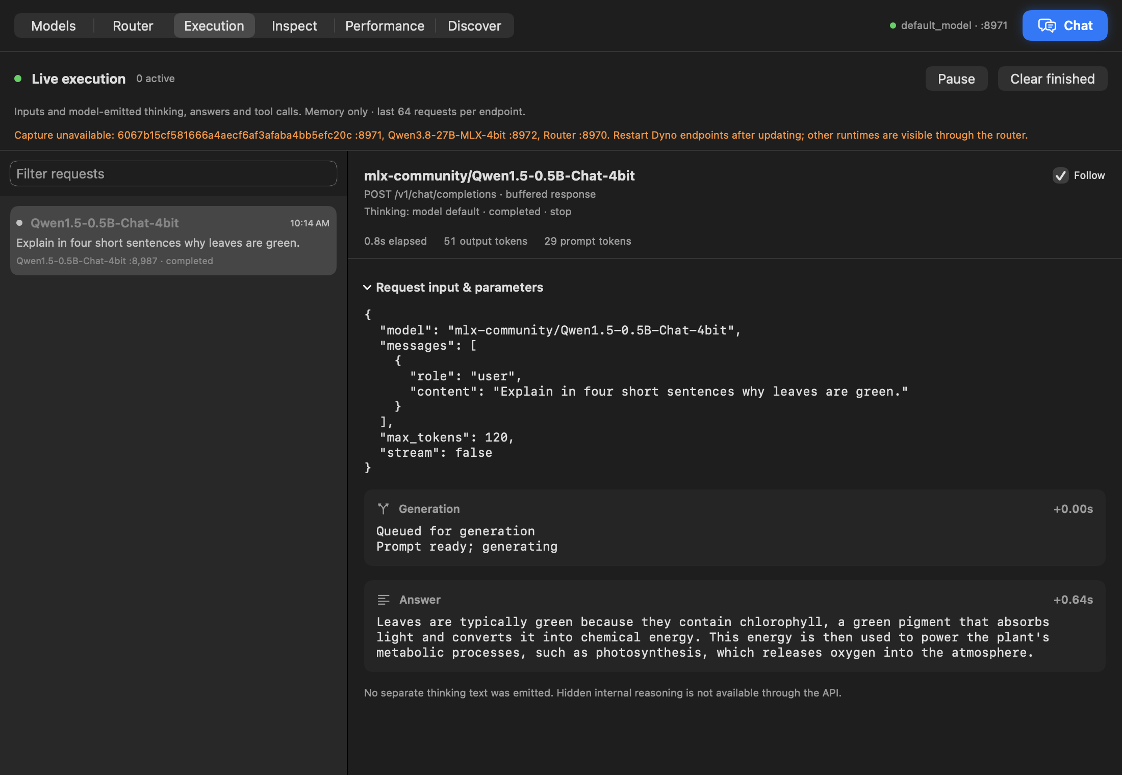 A completed request with its input, lifecycle events and generated answer