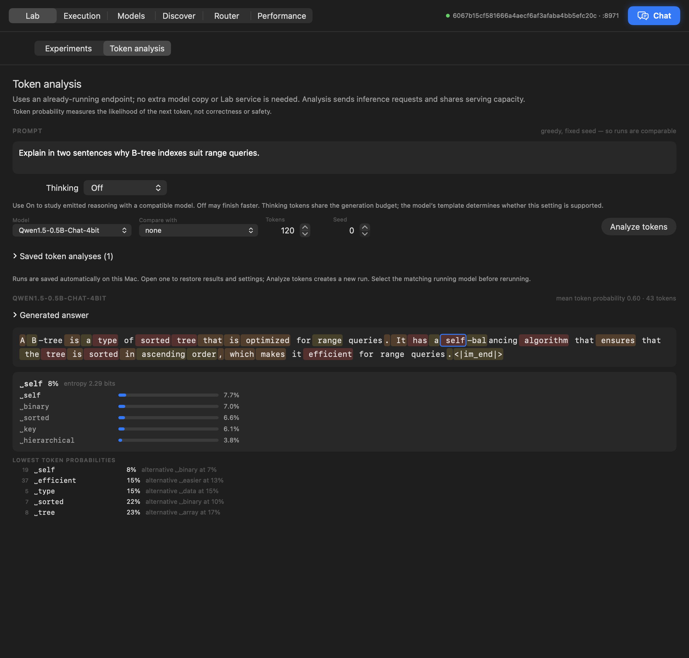 Token analysis with a completed real-model response