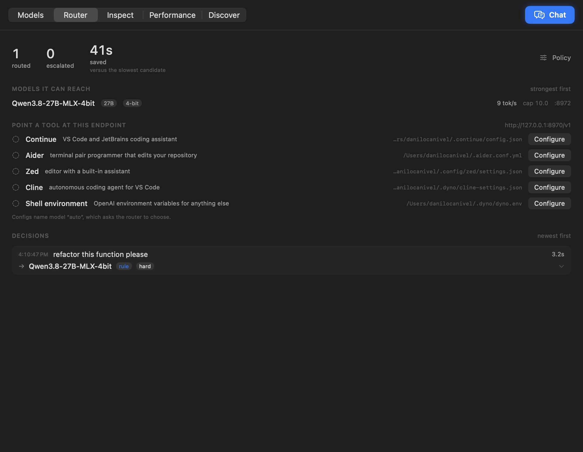 Router controls and backend selection in the native app